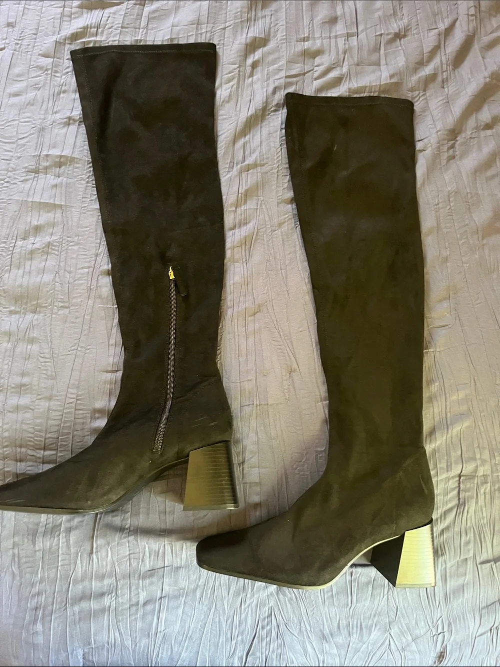 Black Zara Tall Stretch Boots with Gold Zipper Detail